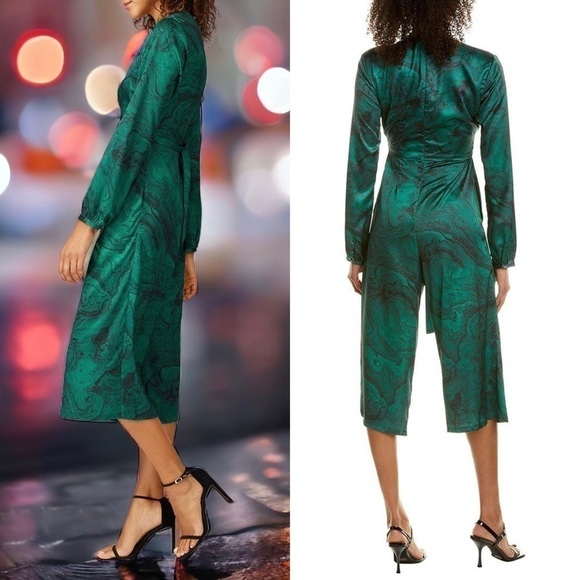 HUTCH 70s Satin Wrap Tie Cutout Front Long Sleeve Wide Leg Ankle Crop Jumpsuit 4 - Picture 4 of 10